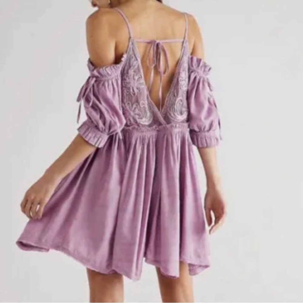 Free People Bali Badlands purple baby doll Off shoulder Mini Dress Medium EUC - Picture 3 of 11